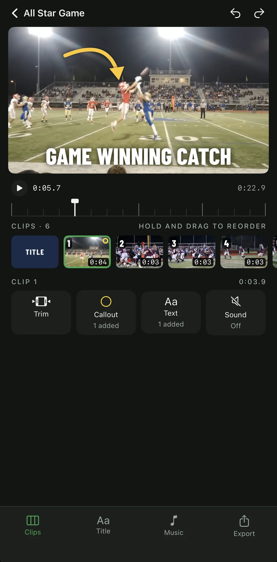 The Cutup editor: a reel paused on a catch with an arrow pointing at the receiver and the words Game Winning Catch, the clip strip and the editing tools