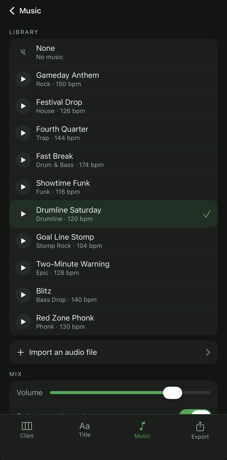 The Music screen: the library of ten original tracks with their style and tempo, and Import an audio file